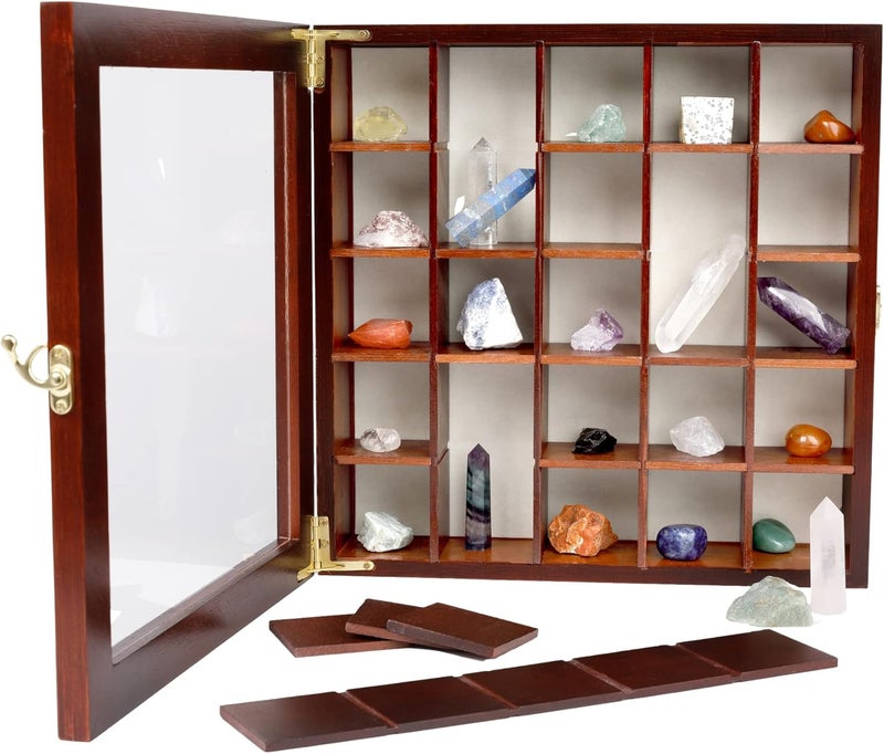SmartyRocks Adjustable Rock Display Case - Rock Collection Box with Fabric Bed for Mineral Display - Dark-Finish Shadow Box with Shelves for Crystal Storage - Image 1